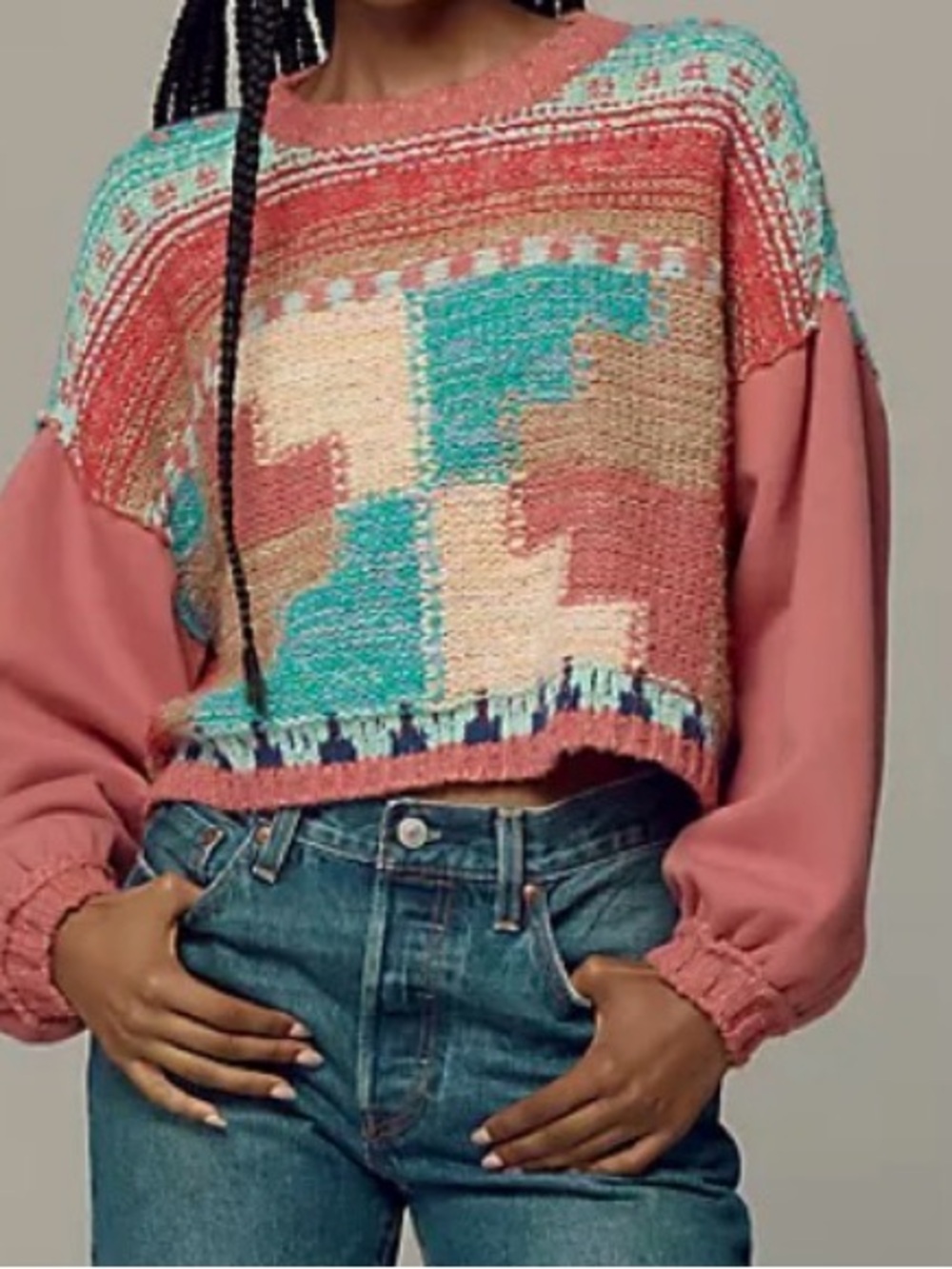 Pilcro Multicolor Geometric Knit Sweater with Coral Sleeves - Picture 2 of 12